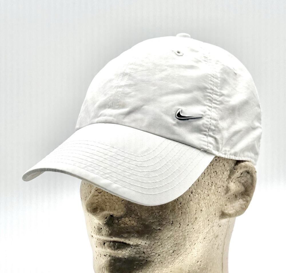 Vintage Nike Metal Swoosh Snapback Hat - White/Silver Ingot Y2K Orange Tag